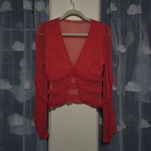 Leota Coral Sheer Ruffle Long Sleeve Blouse Top